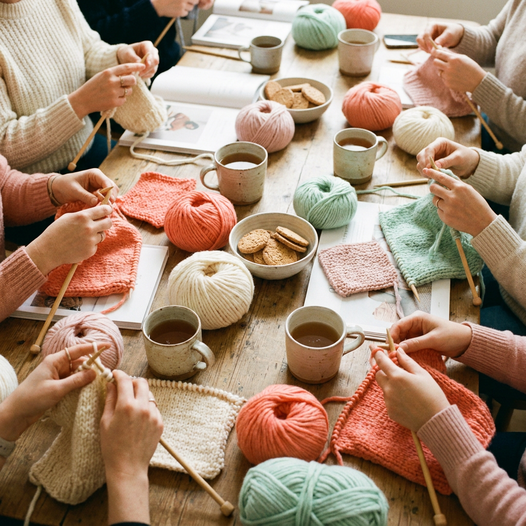 A knitting workshop table in full swing