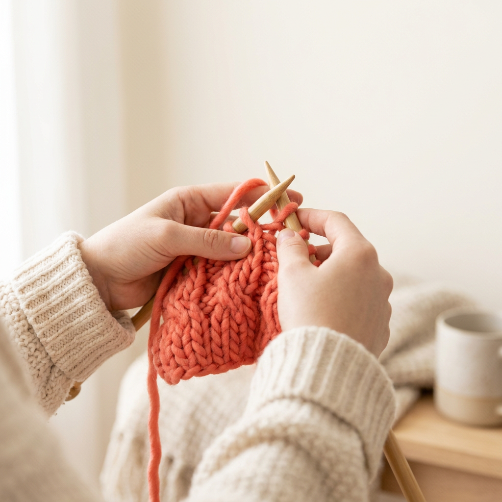 Hands knitting with coral yarn, stitch by stitch
