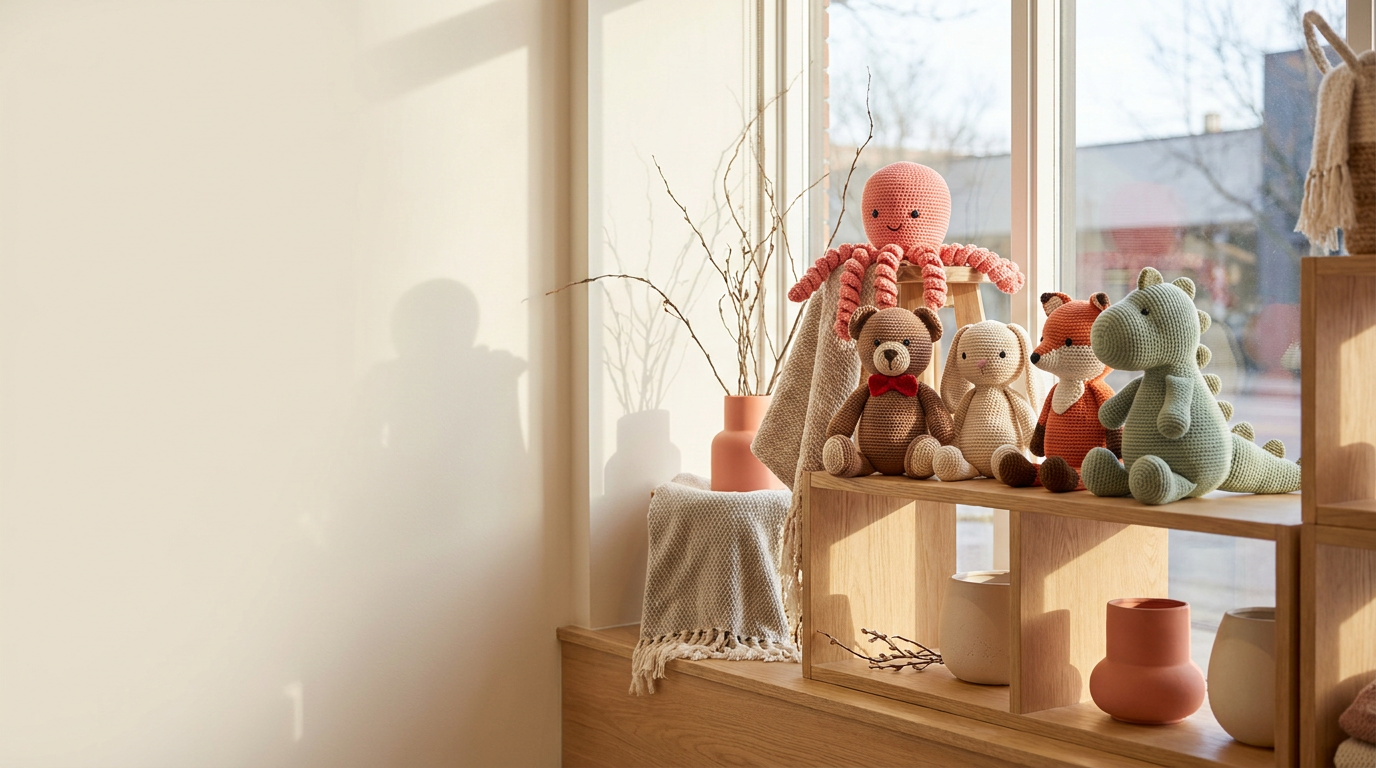 Handmade knitted toys displayed in the Knot Just Toys shop window