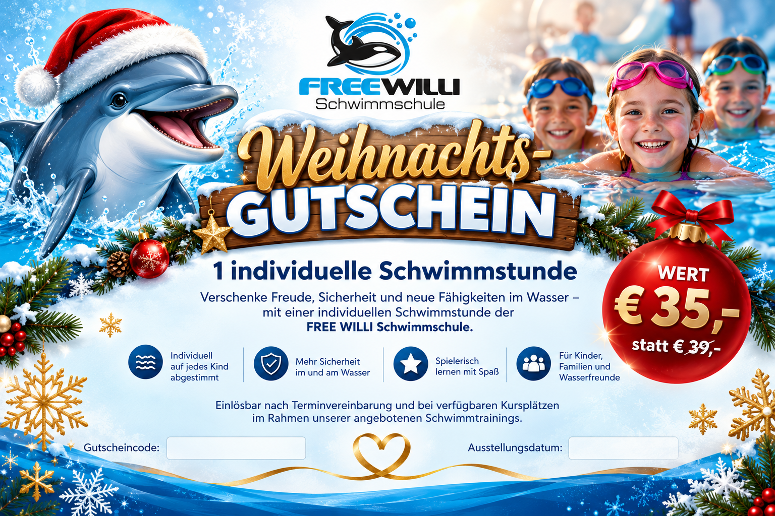 Weihnachts-Gutschein - 1 individuelle Schwimmstunde
