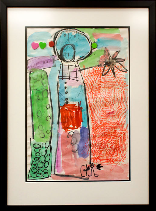 A watercolor painting of a figure standing against a colorful background.