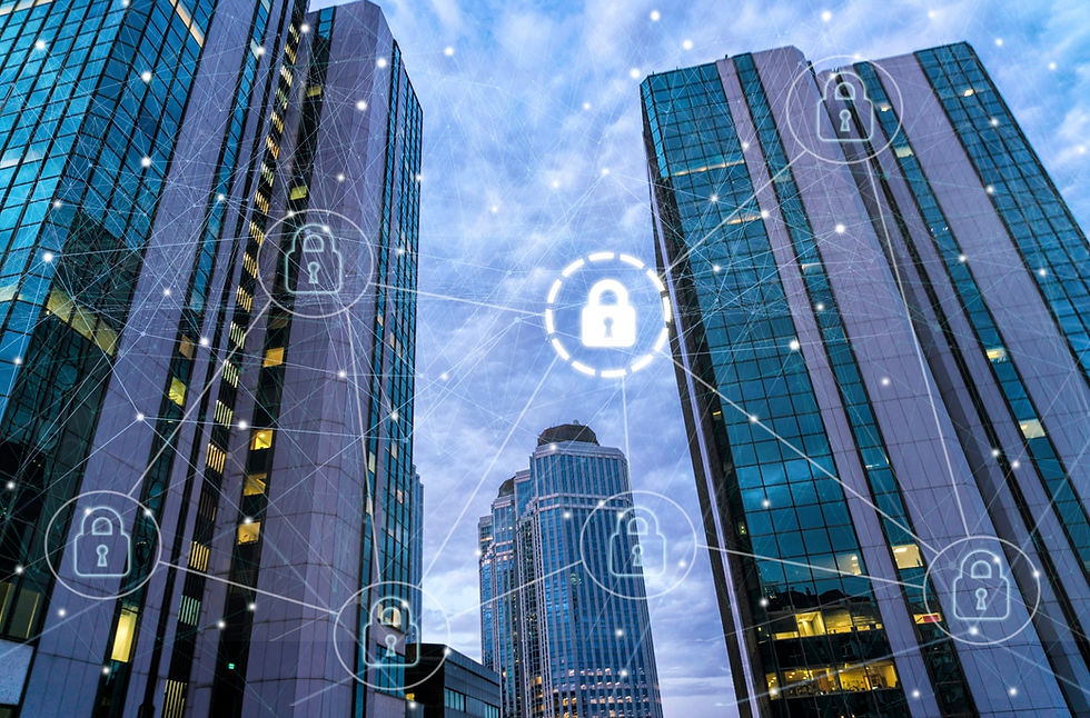 Digital security overlay on office buildings symbolizing how hybrid attacks bypass modern security systems