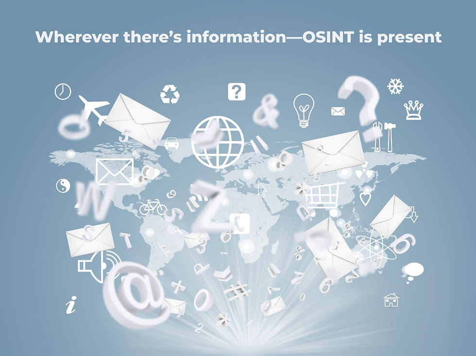 Abstract digital illustration of global map with floating data icons representing social media, communication, and open-source intelligence.