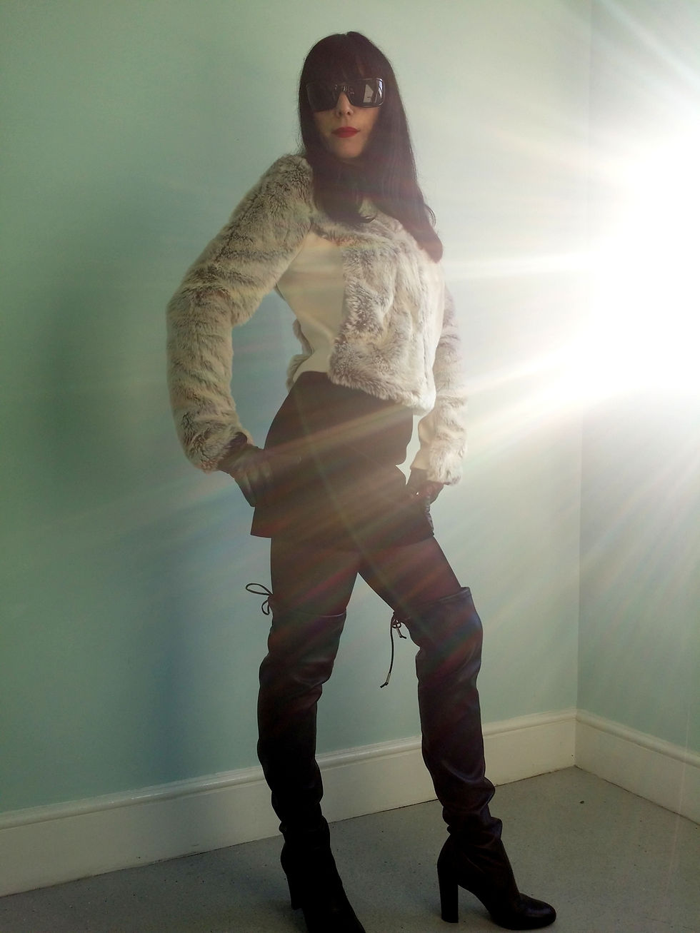 Thumbnail: DKNY Faux pale grey/buff fur Jacket