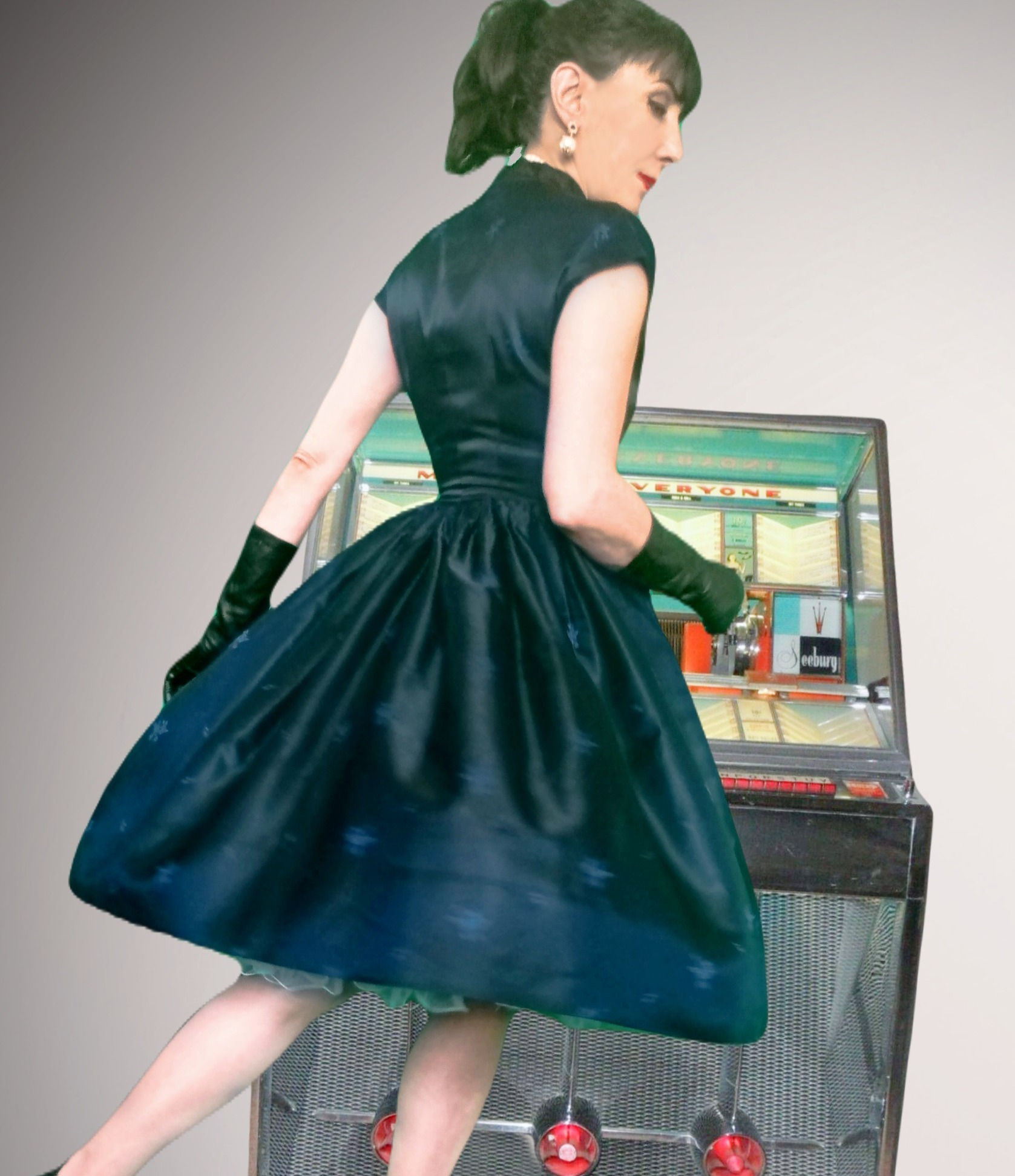 Original 1950s back midnight blue two tone shot satin dress small blue flowers