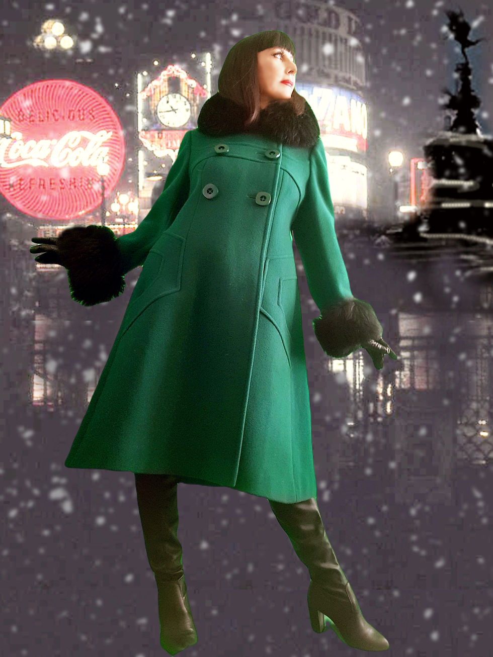 Thumbnail: RESERVED Vintage 1970s Mark Stevens green coat black sheepskin collar cuffs