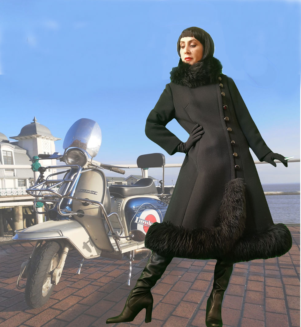 Thumbnail: MOD 1960s black Wool Twill & sheepskin fur coat asymmetric buttoned