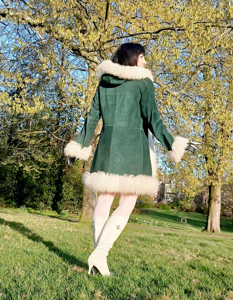 Thumbnail: Vintage dark green and white real suede fluffy white sheepskin coat fur trim