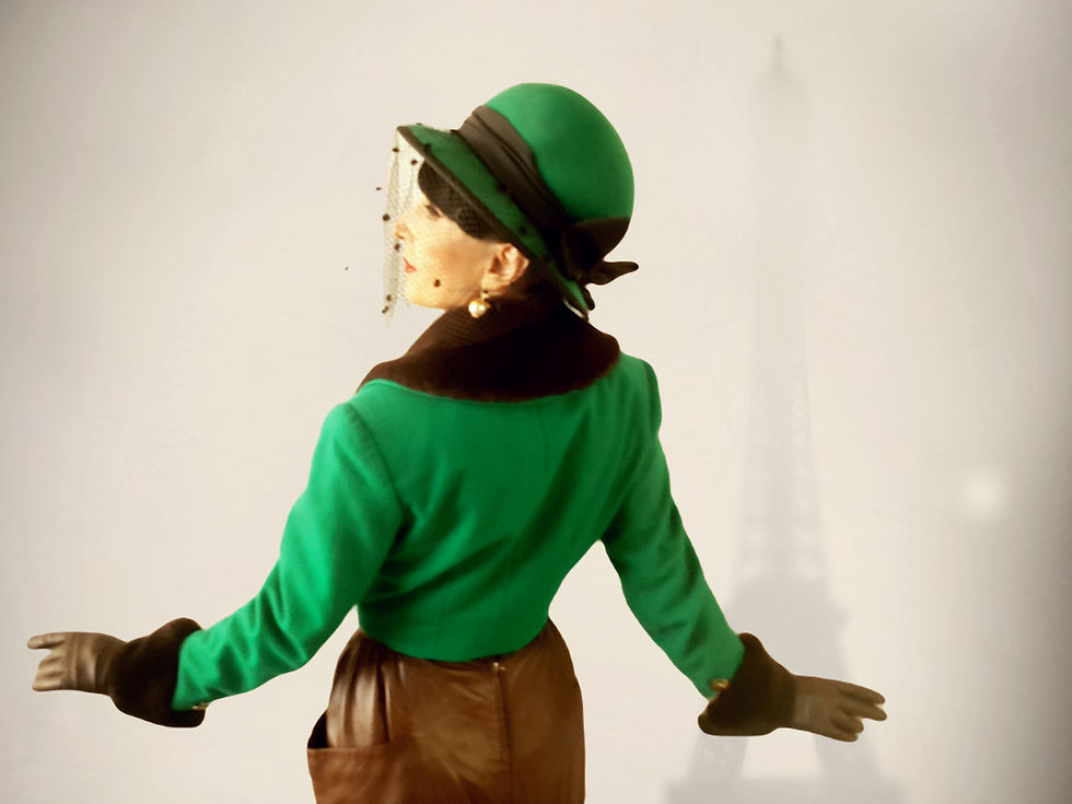 Thumbnail: 1980s Galerie emerald green crop bolero jacket removable brown faux fur collar