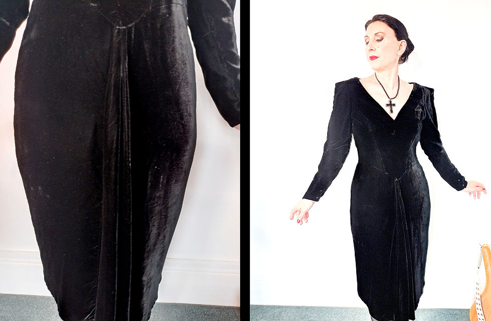 Thumbnail: Vintage black silk Velvet 1980s does 1930s Thierry Mugler dress button stud back