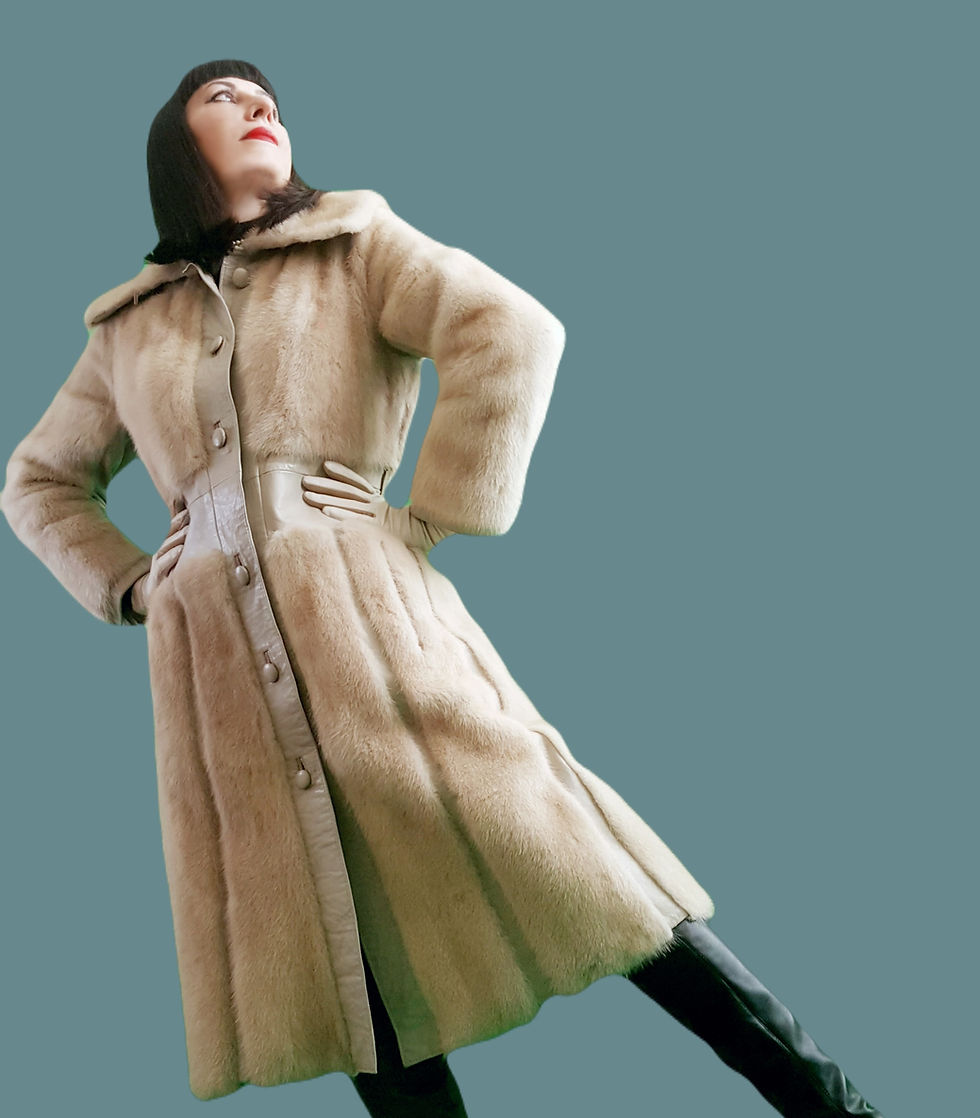 Vintage 1970s Tourmaline Mink & warm grey Leather fit and flare real fur coat
