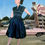Thumbnail: Original 1950s back midnight blue two tone shot satin dress small blue flowers