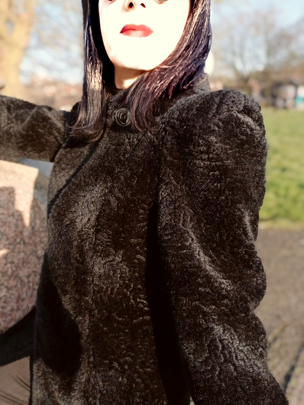 Thumbnail: Vintage 1970s does 1930s black faux fur jacket emboss texture brocade like Bib