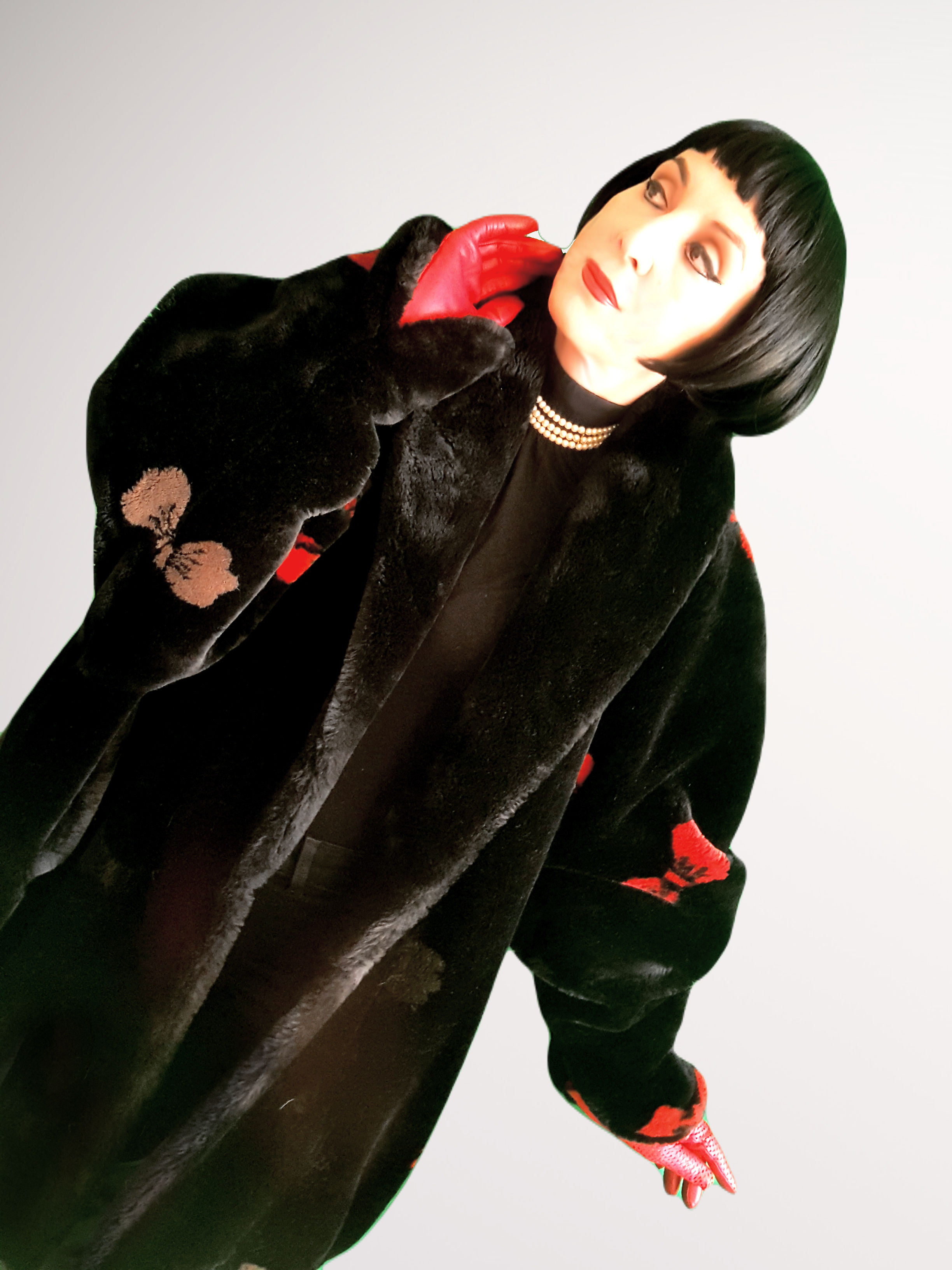 Vintage 1980s tulip cuff Couture Helene slouch faux fur coat Minnie Mouse Bows