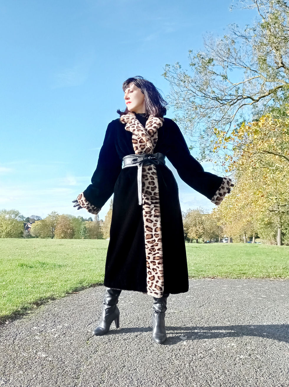 Thumbnail: Vintage 1990s sleek luxury faux fur black & leopard print Couture Helene coat