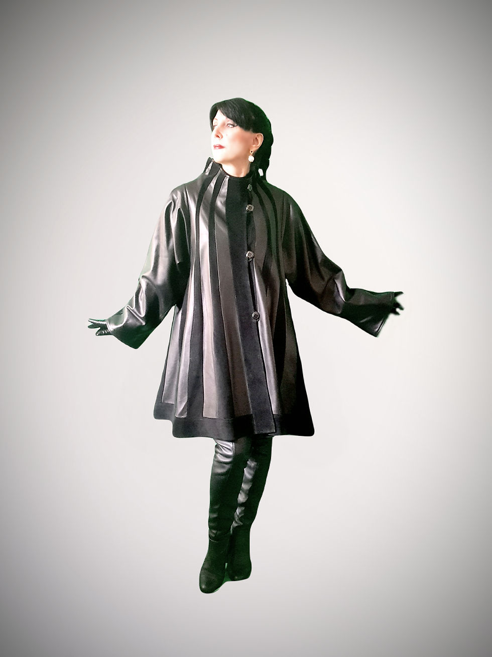 Thumbnail: Dramatic swing leather & suede vintage Reward London coat Mock Tudor