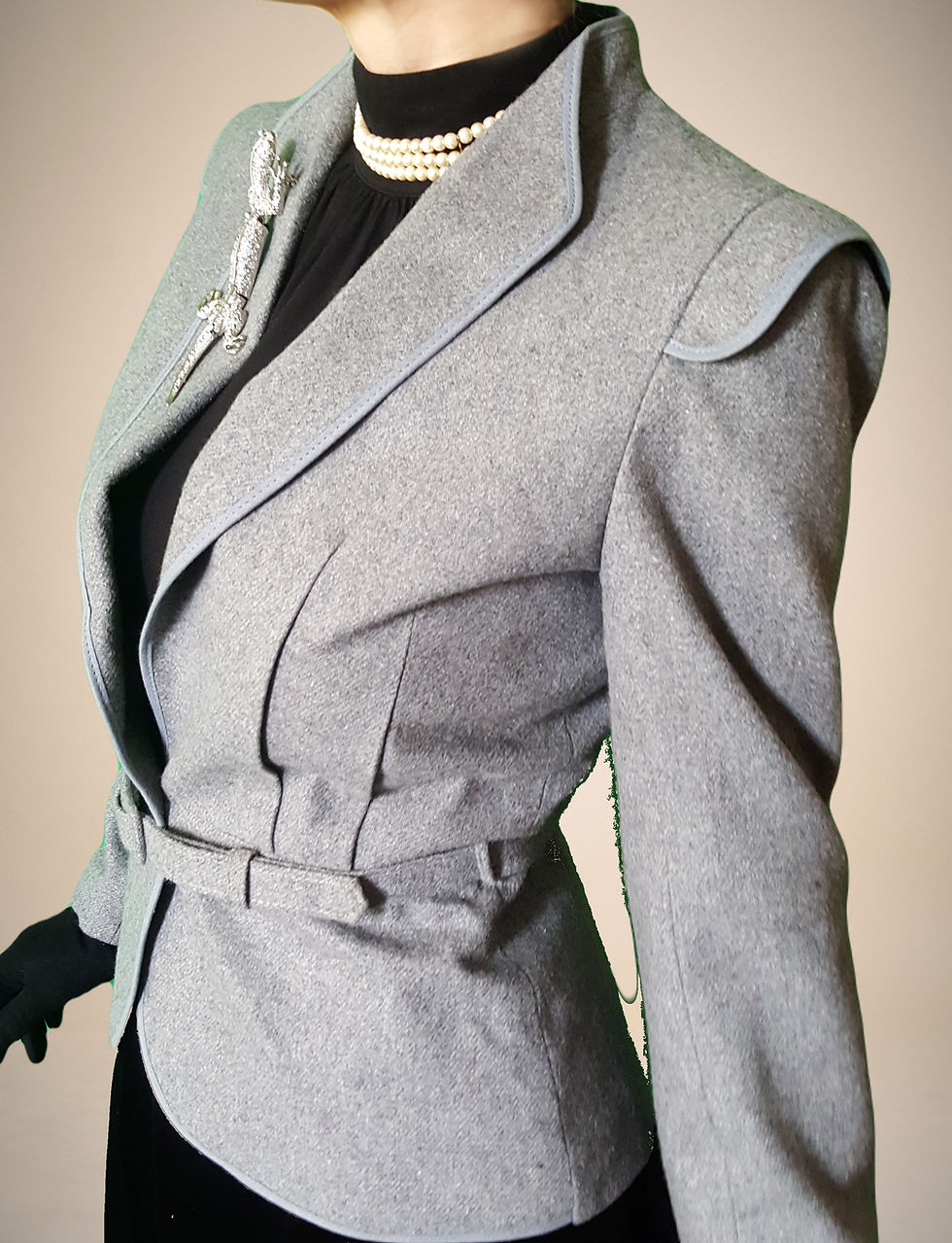 Thumbnail: 1970's does 1940s wool blend pale grey jacket- fab lapels darts & belt