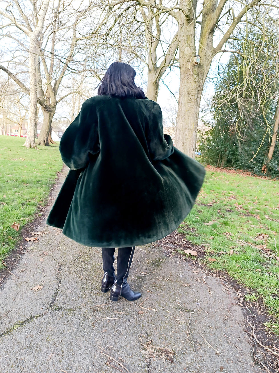 Thumbnail: Vintage 1990s luxury long trapezium dark green faux fur coat gold buttons