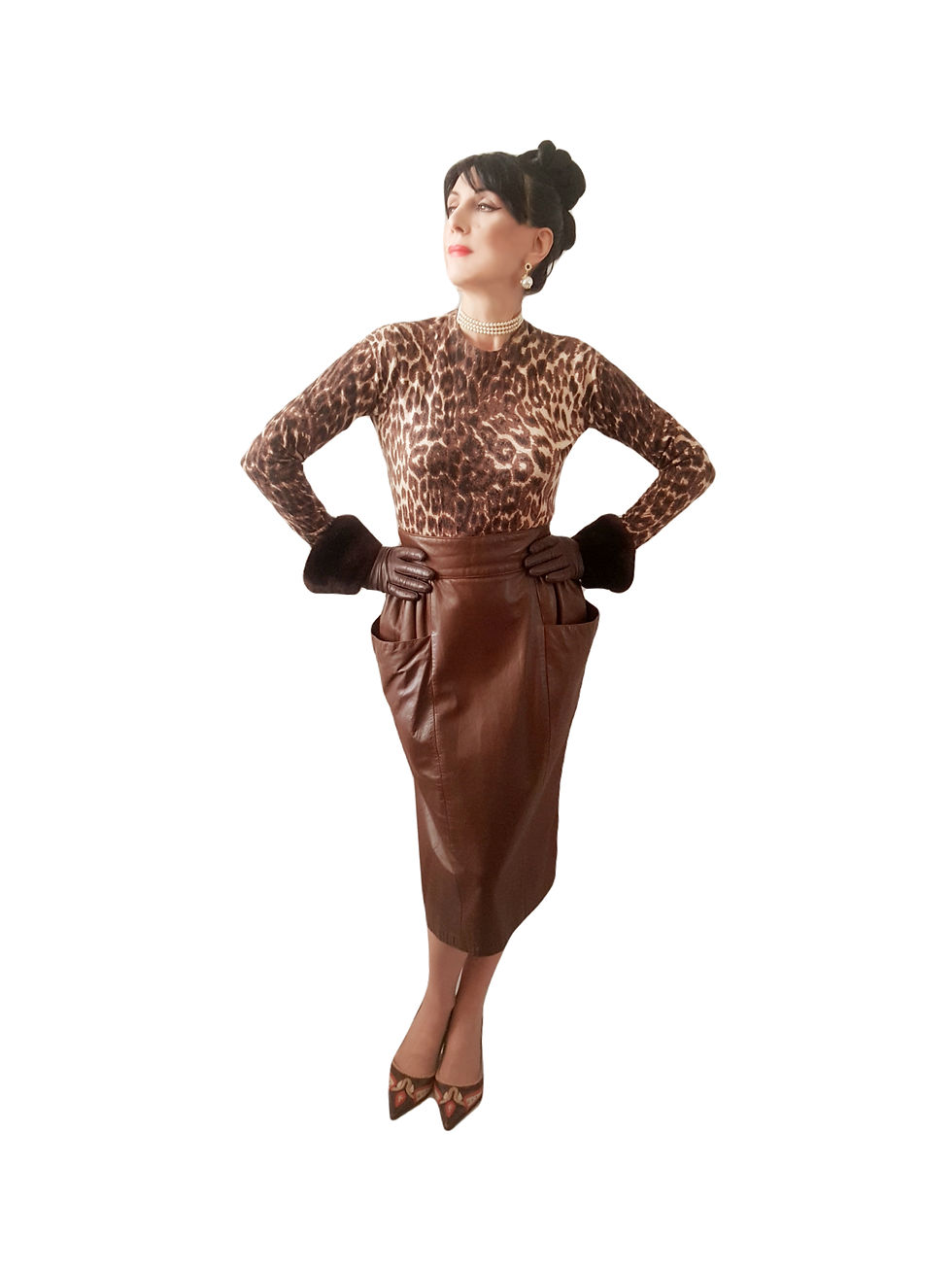 Thumbnail: Buttersoft brown high waist pleats leather skirt tulip pocket dressmaker