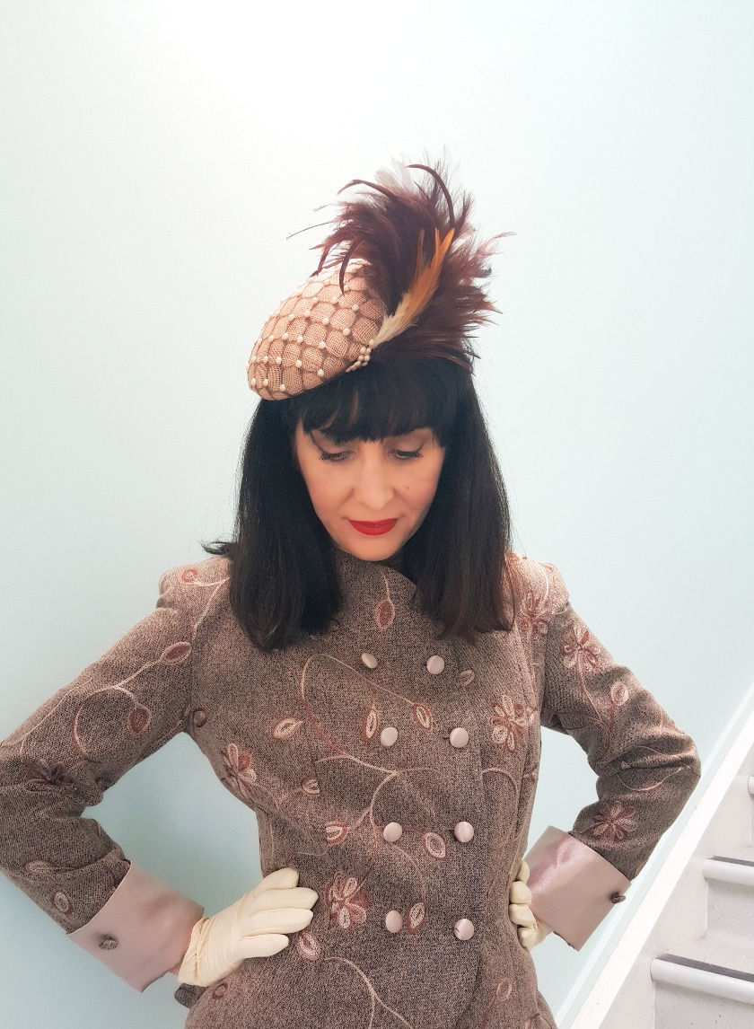 Thumbnail: Fawn Sinamay hat, veiled lattice studded with Pearls and feather coup