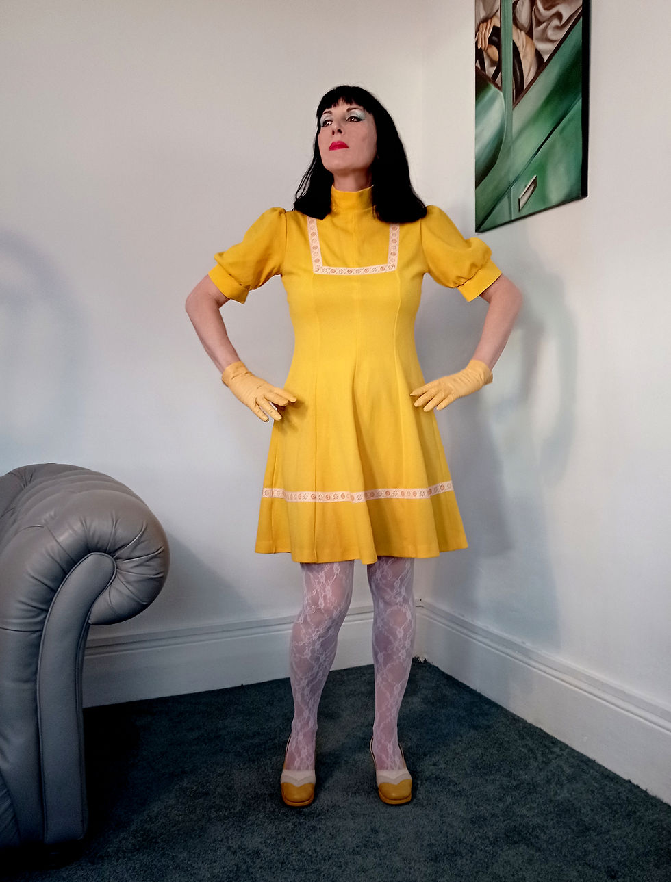 Thumbnail: Vintage Yellow Mini Dress Van Allan 1970s crimplene puff shoulders short sleeve