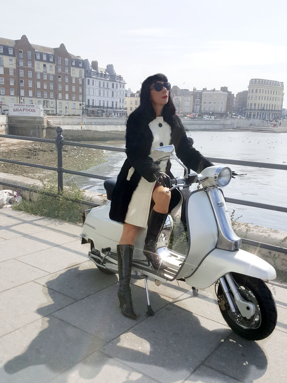 Thumbnail: Vintage 1960s Mod monochrome ivory patent leather & glossy black coney fur coat