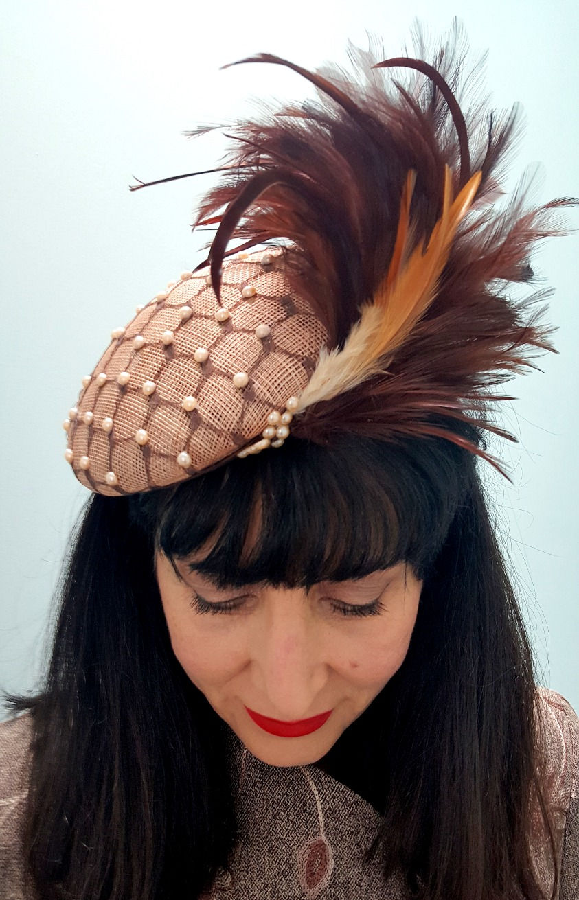 Thumbnail: Fawn Sinamay hat, veiled lattice studded with Pearls and feather coup