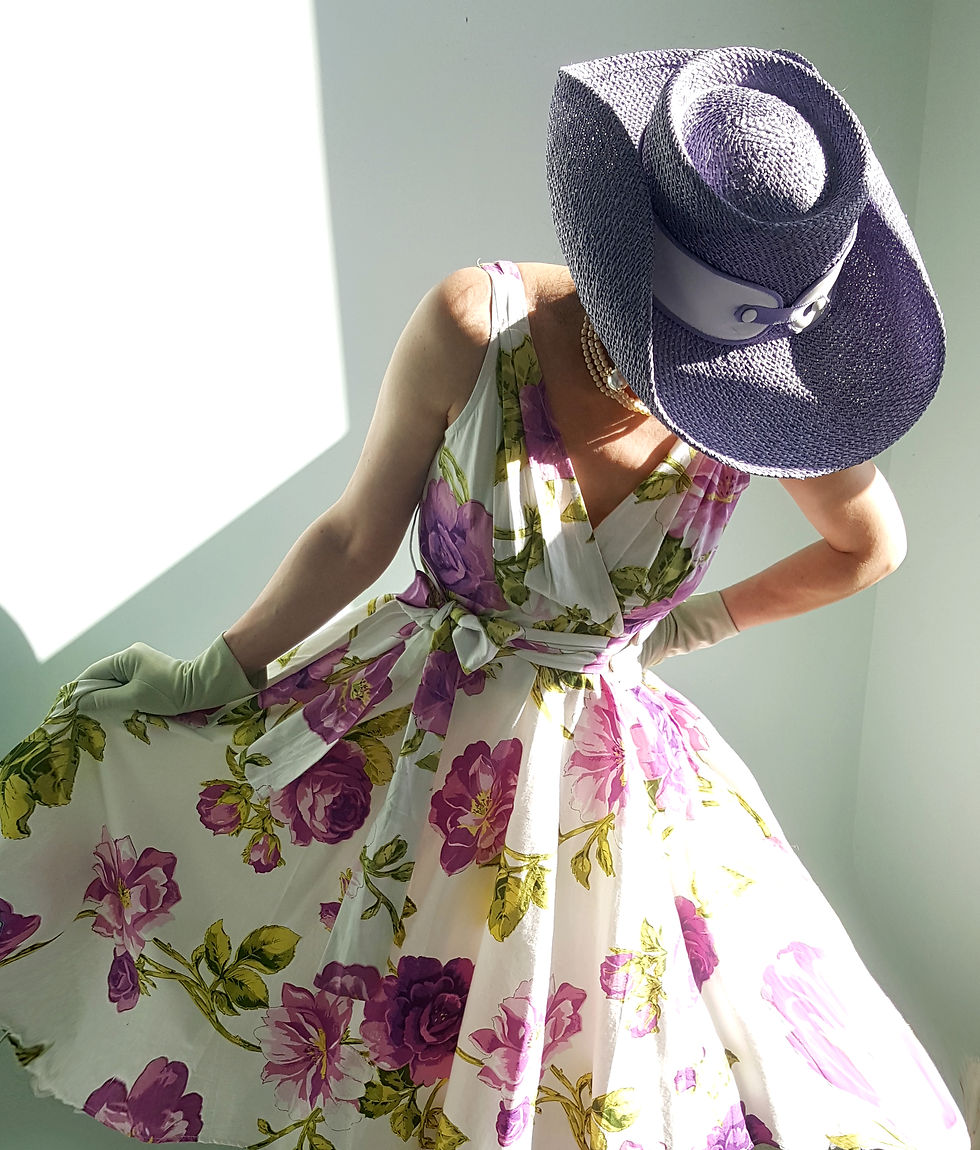 Thumbnail: Styled to Go: 1950s repro cotton dress pastel green gloves, & purple Harrods hat