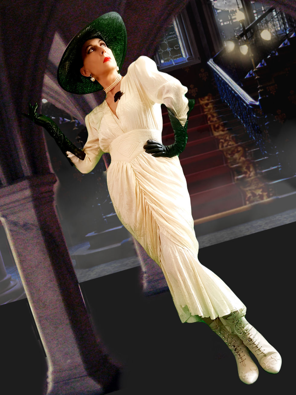 Thumbnail: Spectacular off white pure silk Cache 1980s dress disco races Lady Dimitrescu