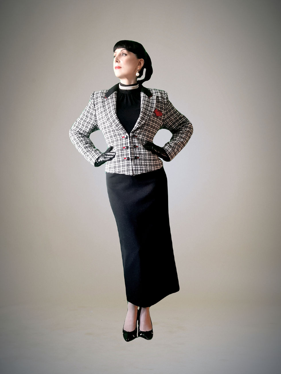 Thumbnail: Vintage 1980s Black white chevron check Mansfield jacket red equestrian accents