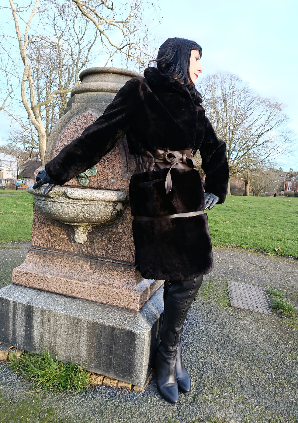 Thumbnail: Vintage Mod dark brown mouton sheepskin fur coat rubberized vinyl gathered waist