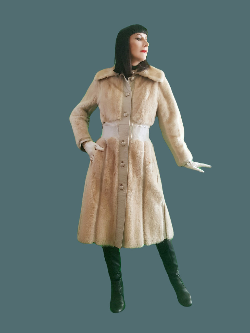 Thumbnail: Vintage 1970s  Tourmaline Mink & warm grey Leather fit and flare real fur coat