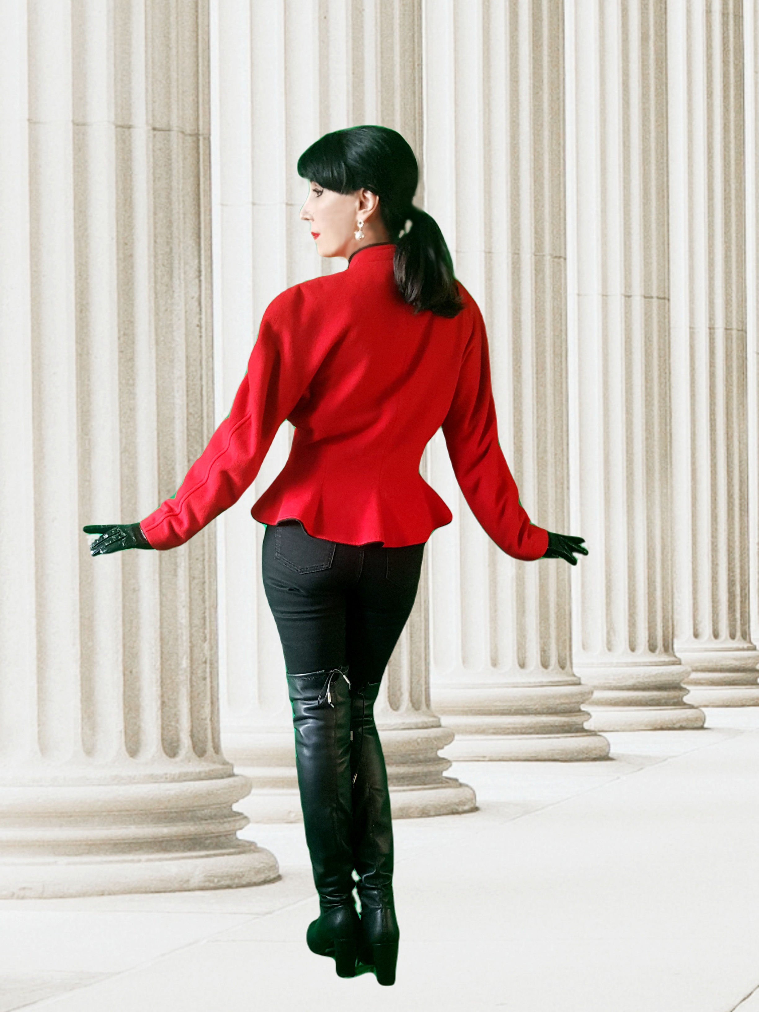 Vintage late 1980s body sculpt 'power' dress jacket red black wool cashmere