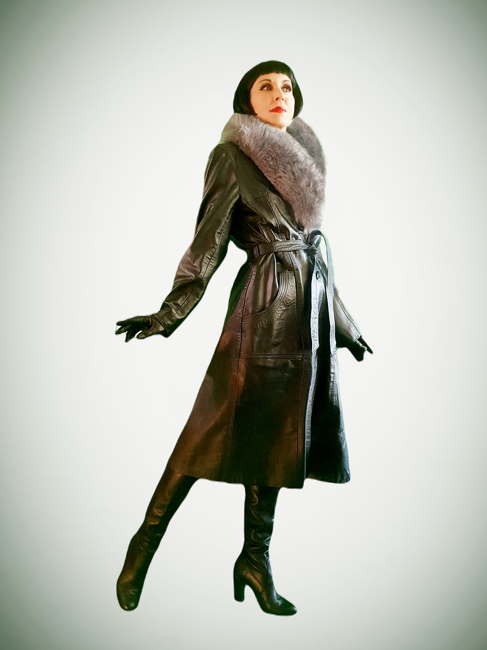 Thumbnail: vintage mid 1970s glossy black leather trench coat plush sheepskin fur collar