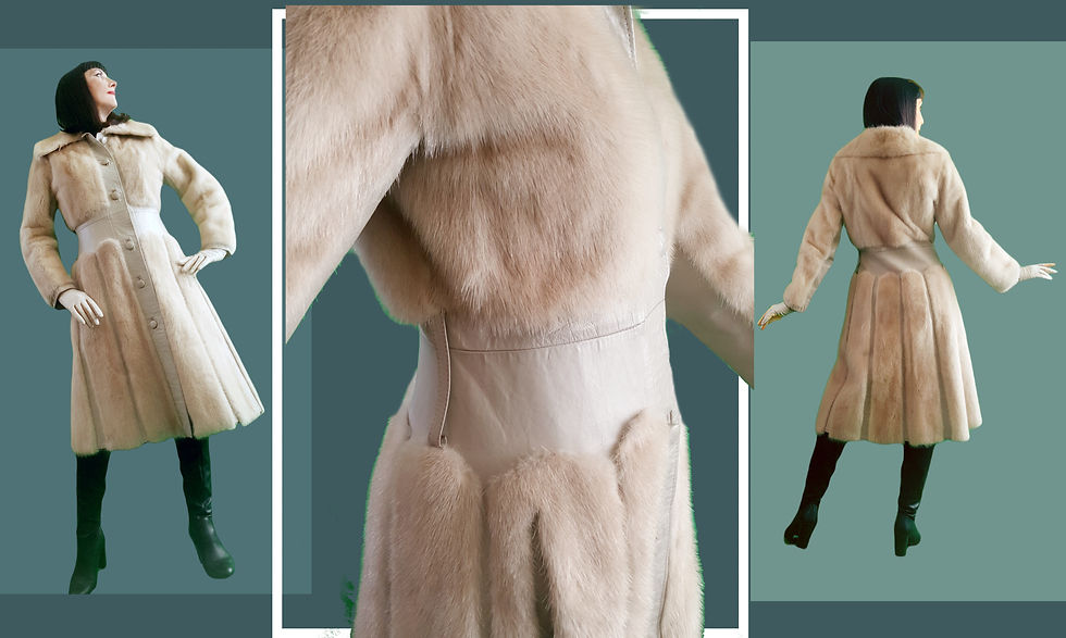 Thumbnail: Vintage 1970s  Tourmaline Mink & warm grey Leather fit and flare real fur coat