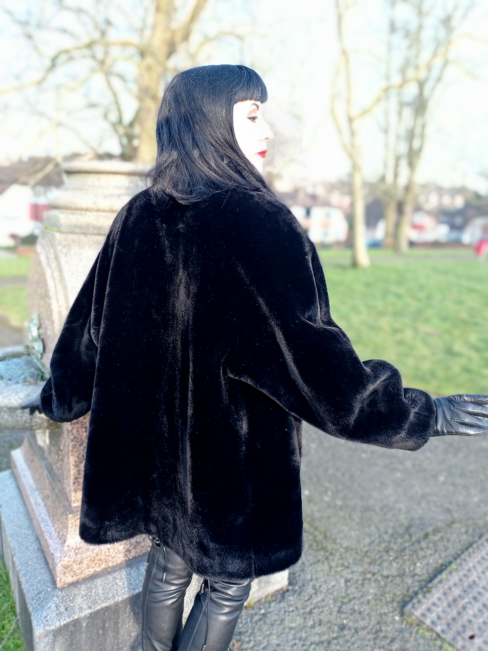 Thumbnail: Vintage sleek black 1980s luxury Michel Alexis Paris power faux fur coat