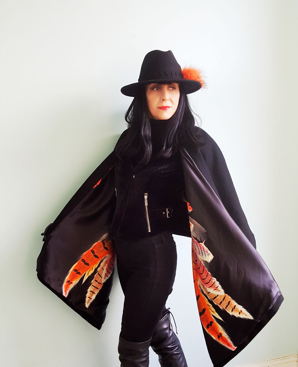 Thumbnail: Feathered wing 'Evil angel' lined Montpelier wrap in black cashmere & wool