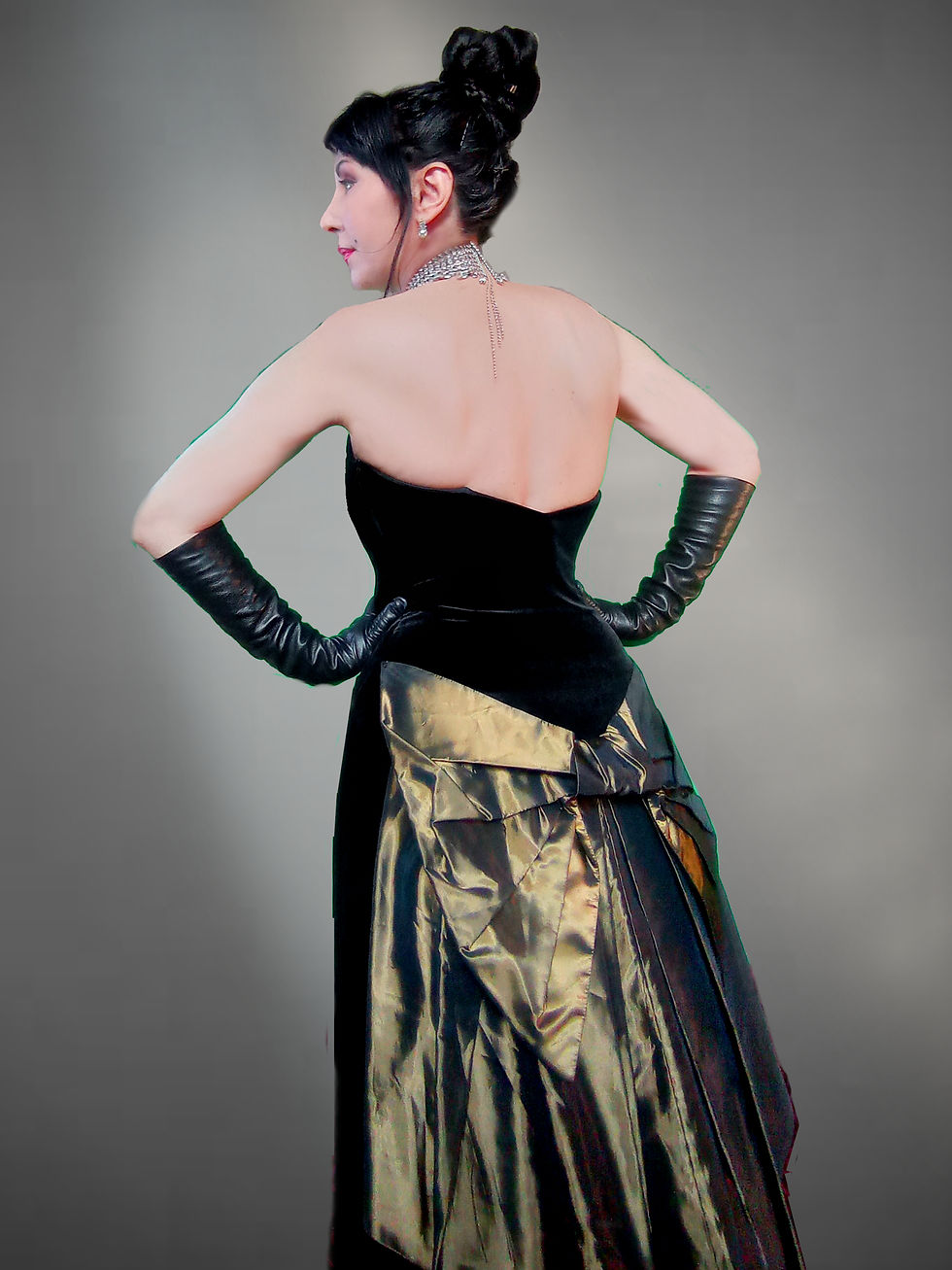 Thumbnail: Vintage black velvet and huge dark green gold bow train rear dress gown ballgown