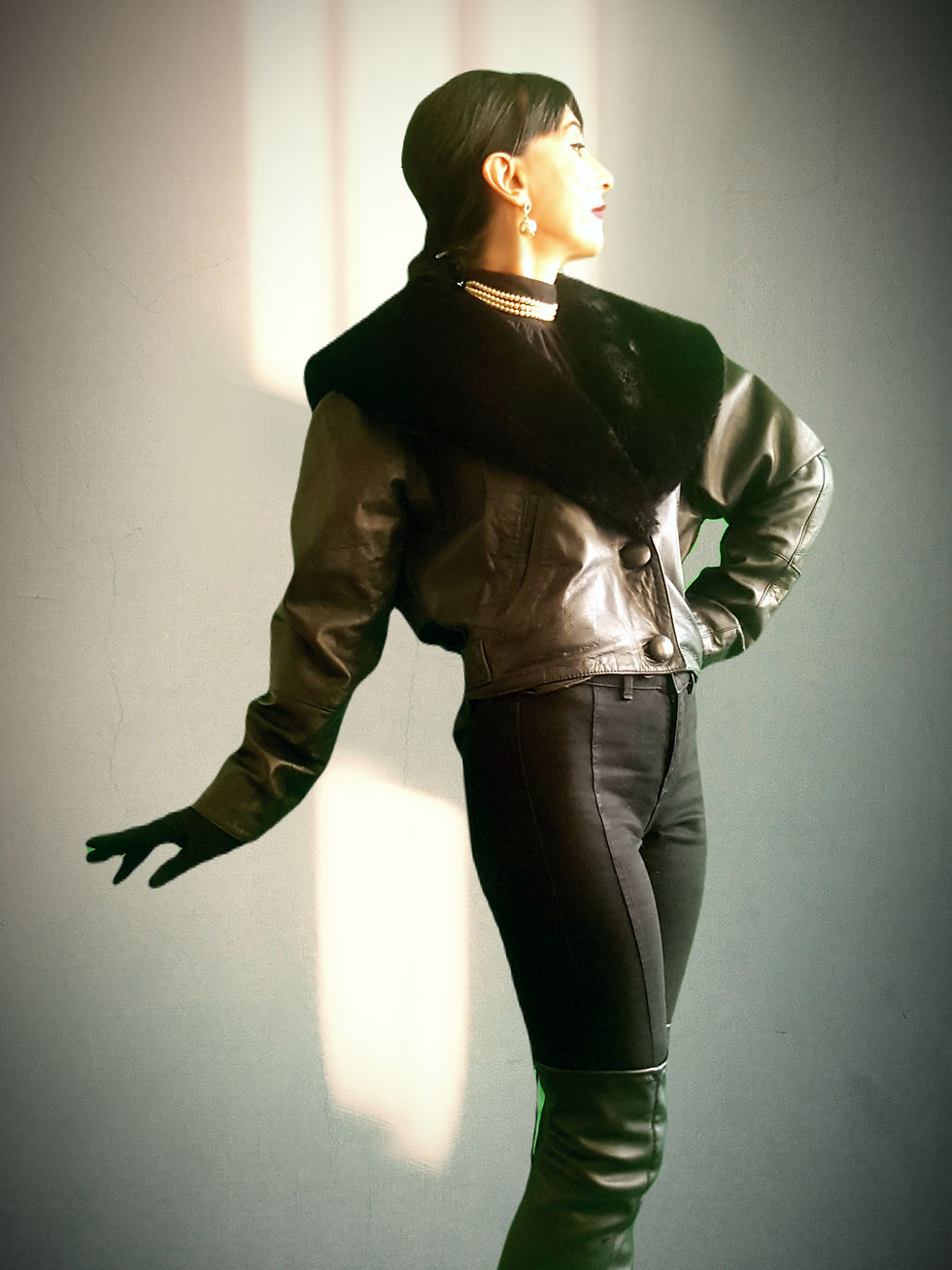 Thumbnail: Vintage 1980s leather HUGE faux fur collar jacket reminiscent North Beach