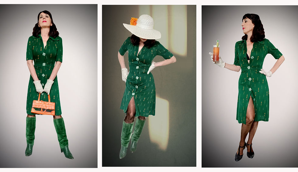 Thumbnail: Iconic Vintage Bus Stop dress Lee Bender 1970s does 1930s deco green orange