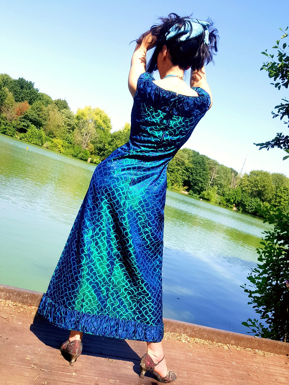 Thumbnail: 1960s vintage maxi dress iridescent aquamarine blue & emerald green mermaid Mod