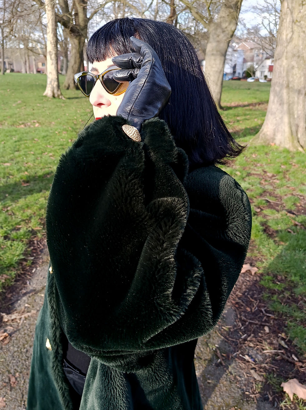 Thumbnail: Vintage 1990s luxury long trapezium dark green faux fur coat gold buttons