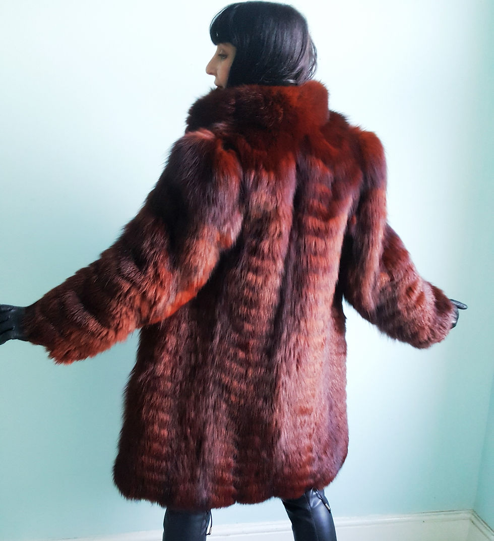 Thumbnail: Vintage Burgundy Fox fur chevron feathered 3/4 length coat