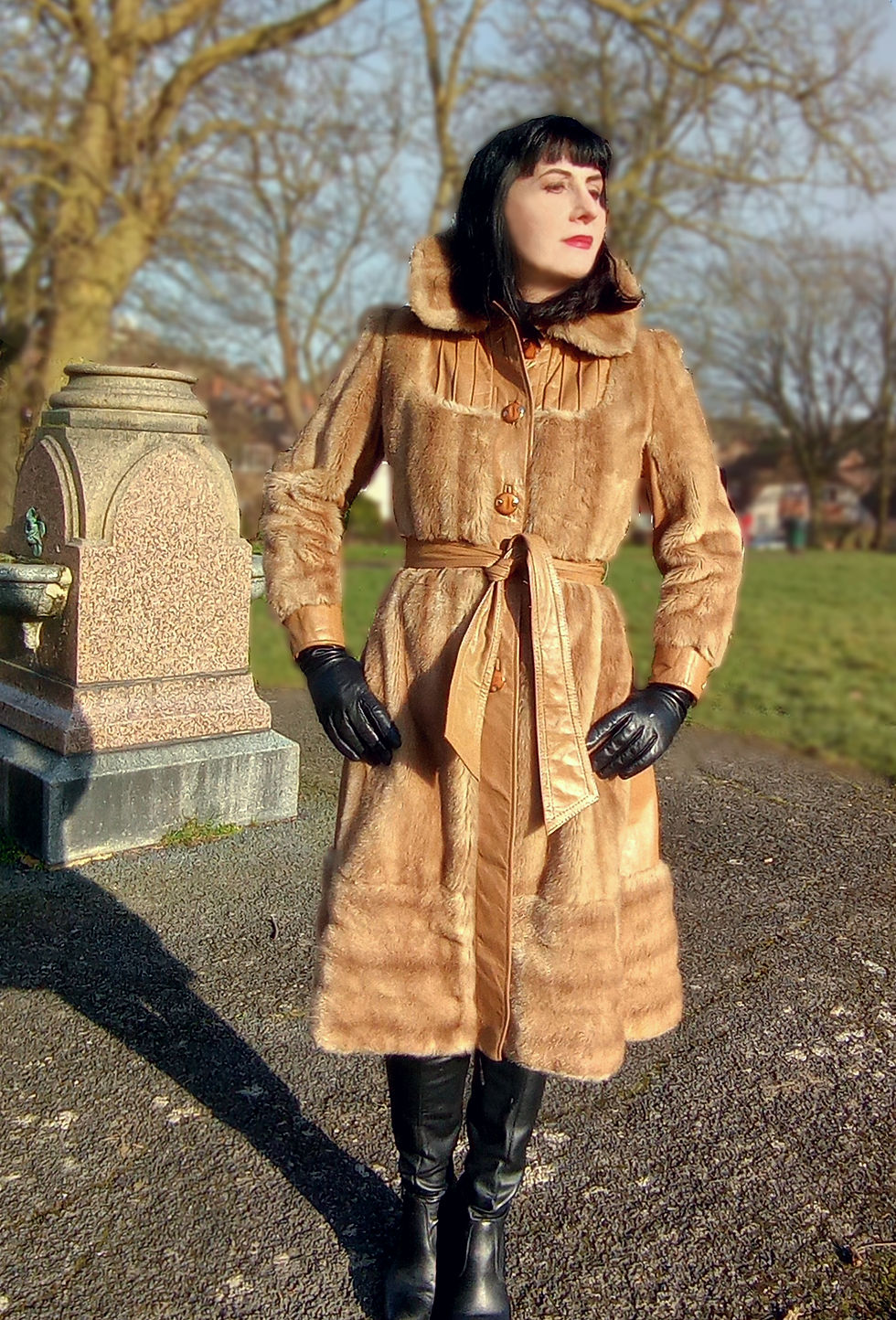 Thumbnail: Vintage 1970s Tissavel fit flare faux fur coat with real leather panels yoke