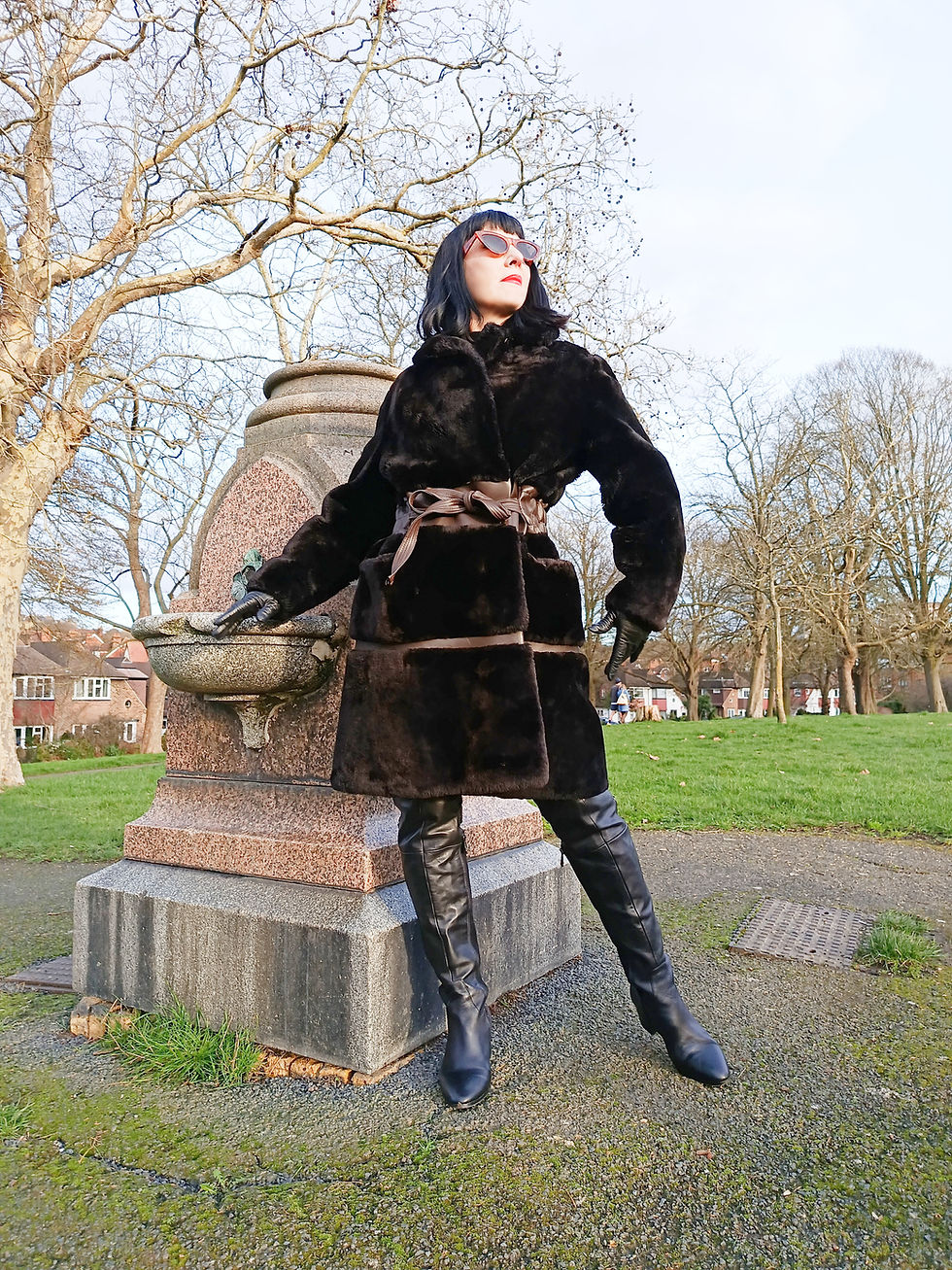 Thumbnail: Vintage Mod dark brown mouton sheepskin fur coat rubberized vinyl gathered waist