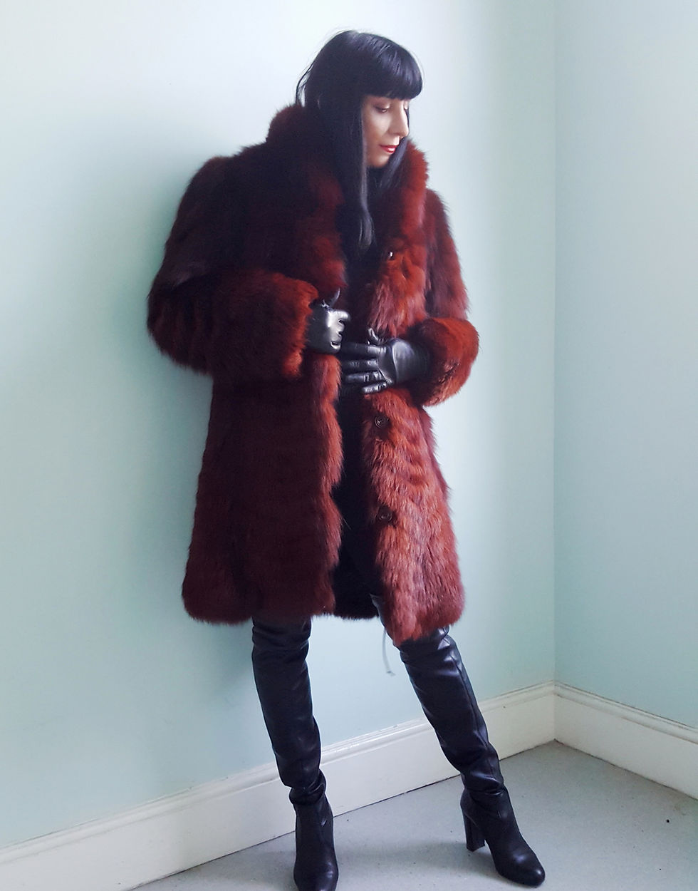 Thumbnail: Vintage Burgundy Fox fur chevron feathered 3/4 length coat