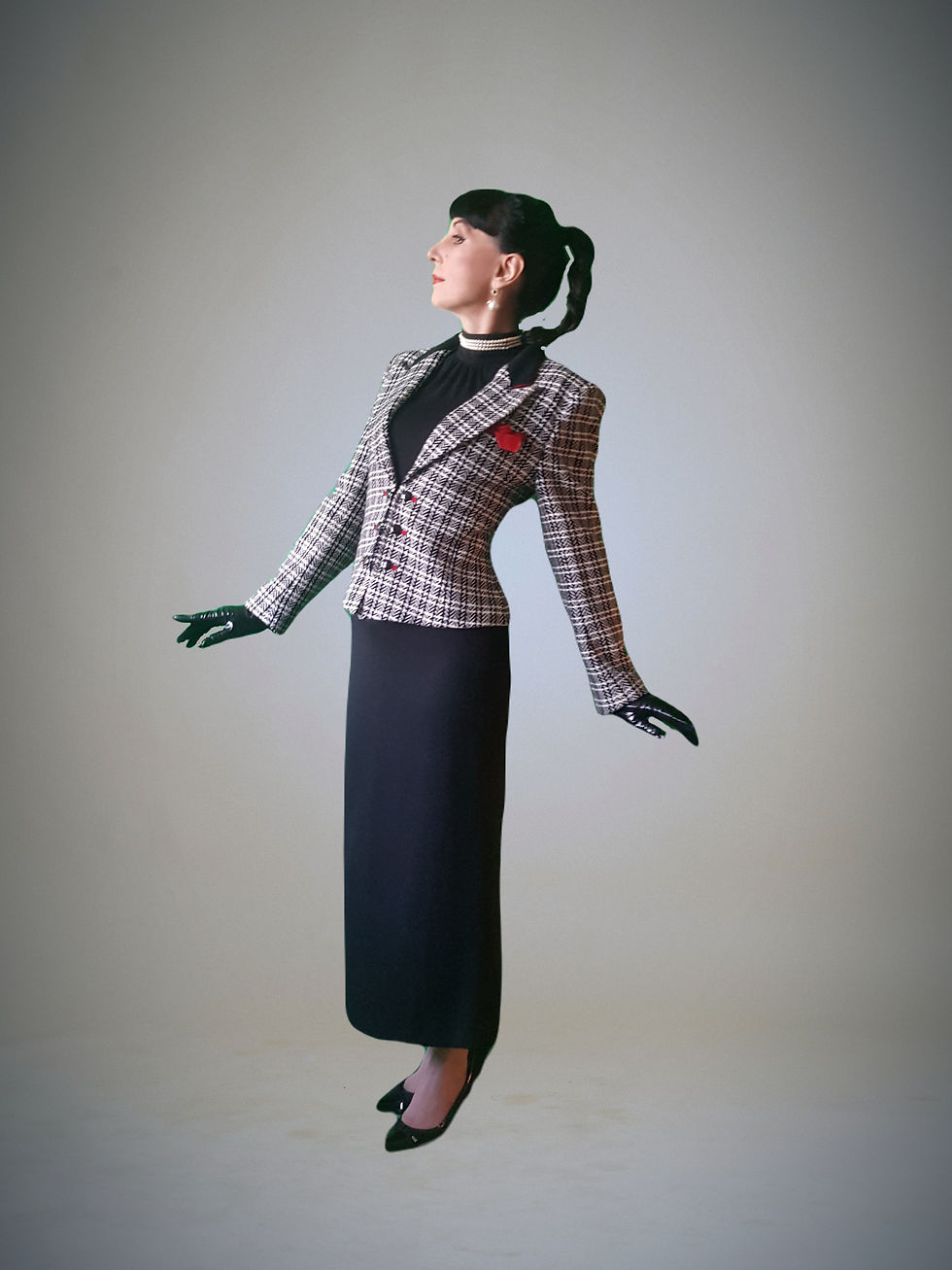 Thumbnail: Vintage 1980s Black white chevron check Mansfield jacket red equestrian accents