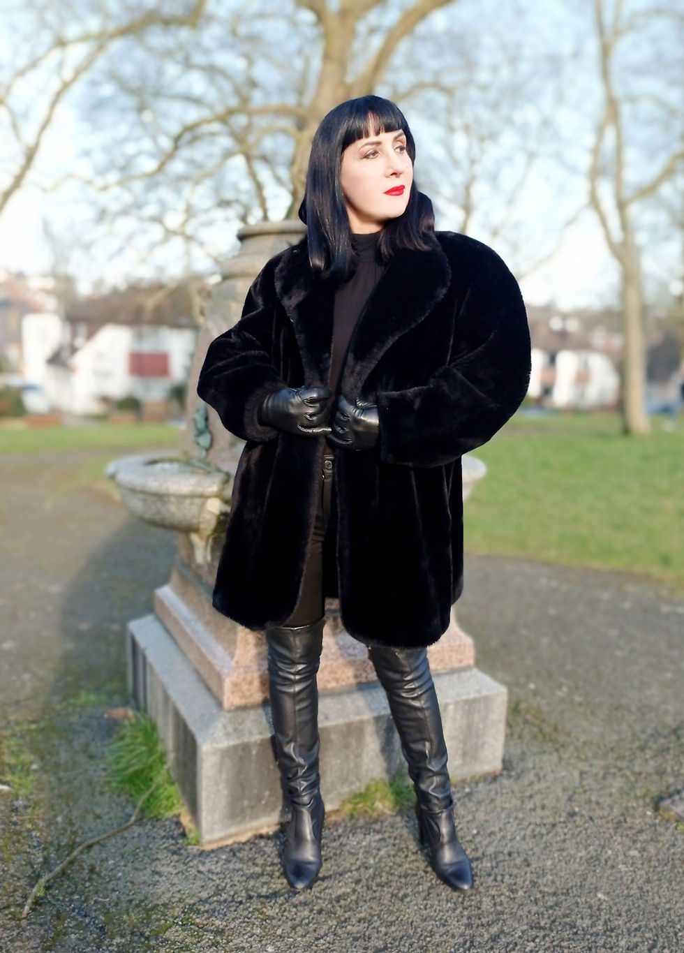 Thumbnail: Vintage sleek black 1980s luxury Michel Alexis Paris power faux fur coat
