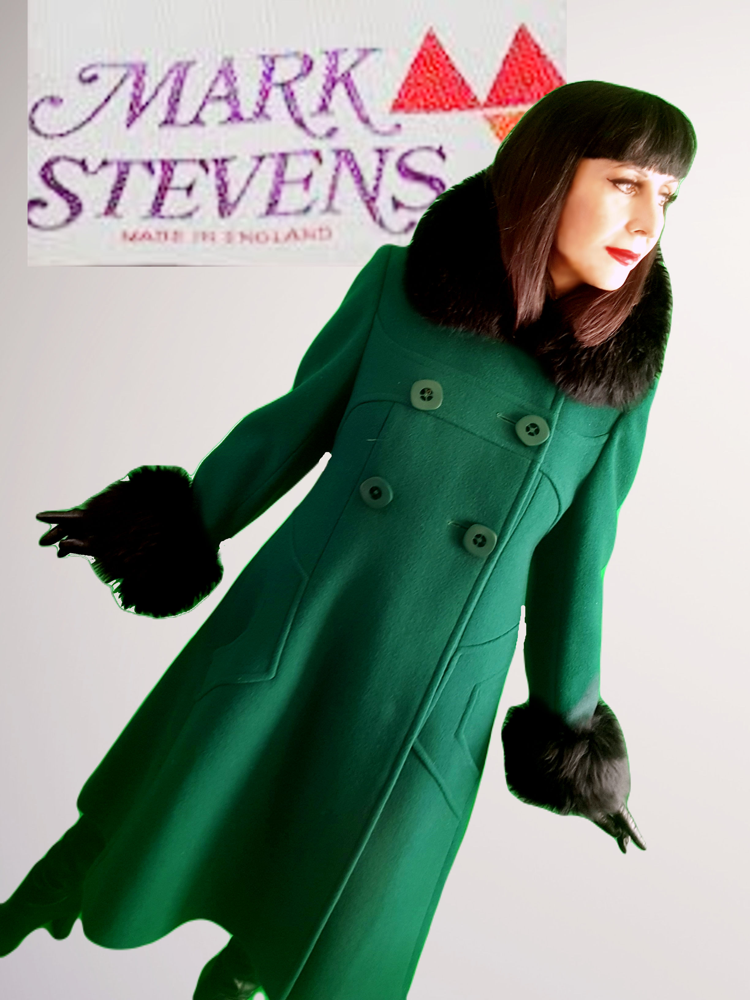 RESERVED Vintage 1970s Mark Stevens green coat black sheepskin collar cuffs