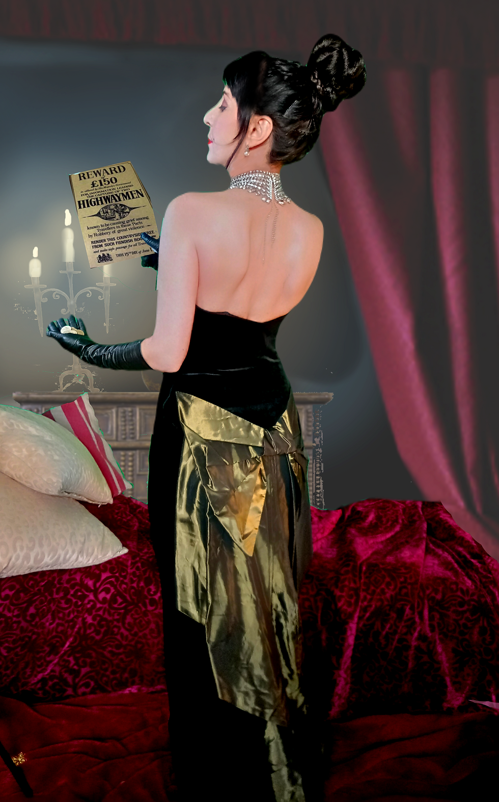 Thumbnail: Vintage black velvet and huge dark green gold bow train rear dress gown ballgown